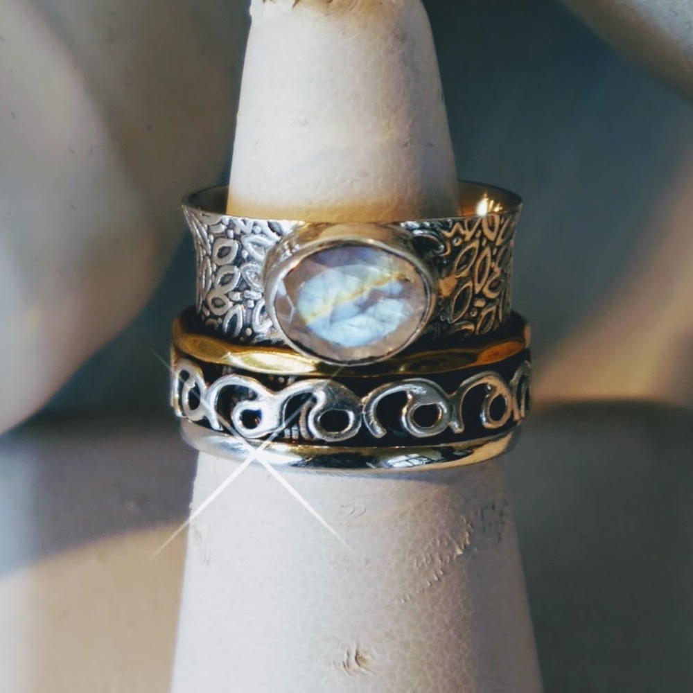 Moonstone, Silver and Gold Band with Spinners Ring